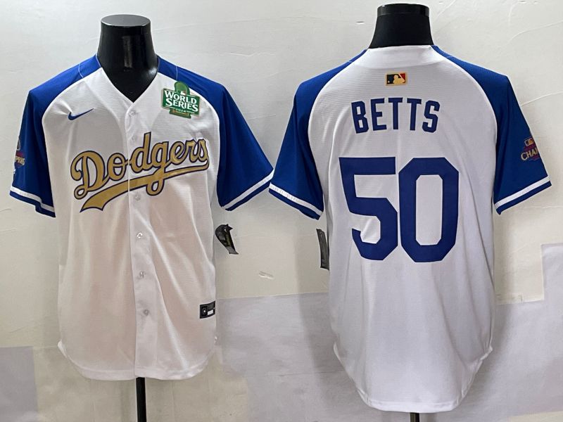 Men Los Angeles Dodgers #50 Betts White Blue Champion gold character Nike 2025 MLB Jersey style 5054